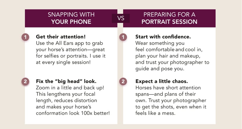 1. Get their attention with the All Ears app.  2. Fix the "big head" look by zooming in a little on your phone then backing up. 3. If you're preparing for a portrait session, wear something you feel comfortable and cool in, plan your hair and makeup, and trust your photographer to pose you. 4. Expect a little chaos and trust your photographer to get the shots, even when it feels like a mess.