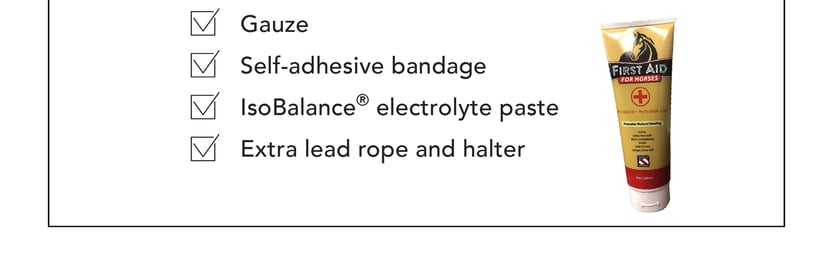 For Your Horse. hoof pick, hoof boots, Redmond First Aid, gauze, self-adhesive bandage, IsoBalance electrolyte paste, extra lead rope and halter
