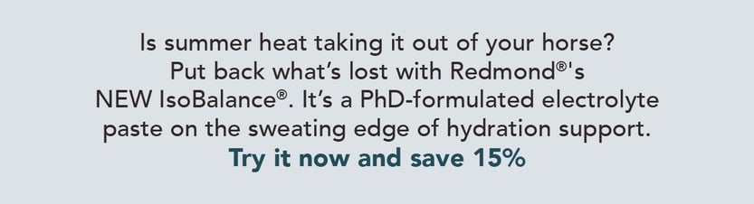Is summer heat taking it out of your horse? Put back what's lost with Redmond's NEW IsoBalance. It's a PhD-formulated electrolyte paste on the sweating edge of hydration support.