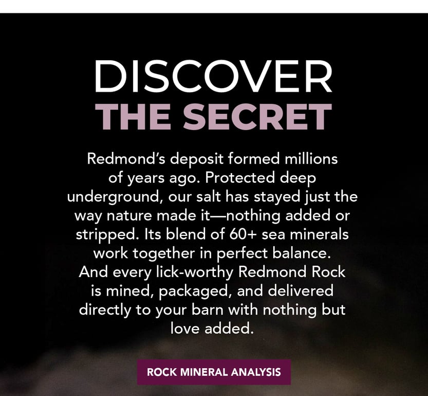 Redmond's deposit formed millions of years ago. Protected deep underground, our salt has stayed just the way nature made it--nothing added or stripped. Its blend of 60+ sea minerals work together in perfect balance. And every lick-worthy Redmond Rock is mined, packaged and delivered directly to your barn with nothing but love added.