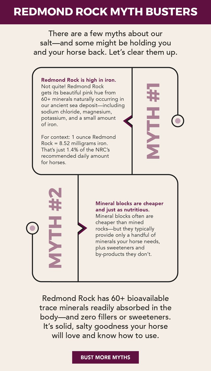 Redmond Rock has 60+ bioavailable trace minerals readily absorbed in the body--and zero fillers or sweeteners. It's solid, salty goodness your horse will love and know how to use.