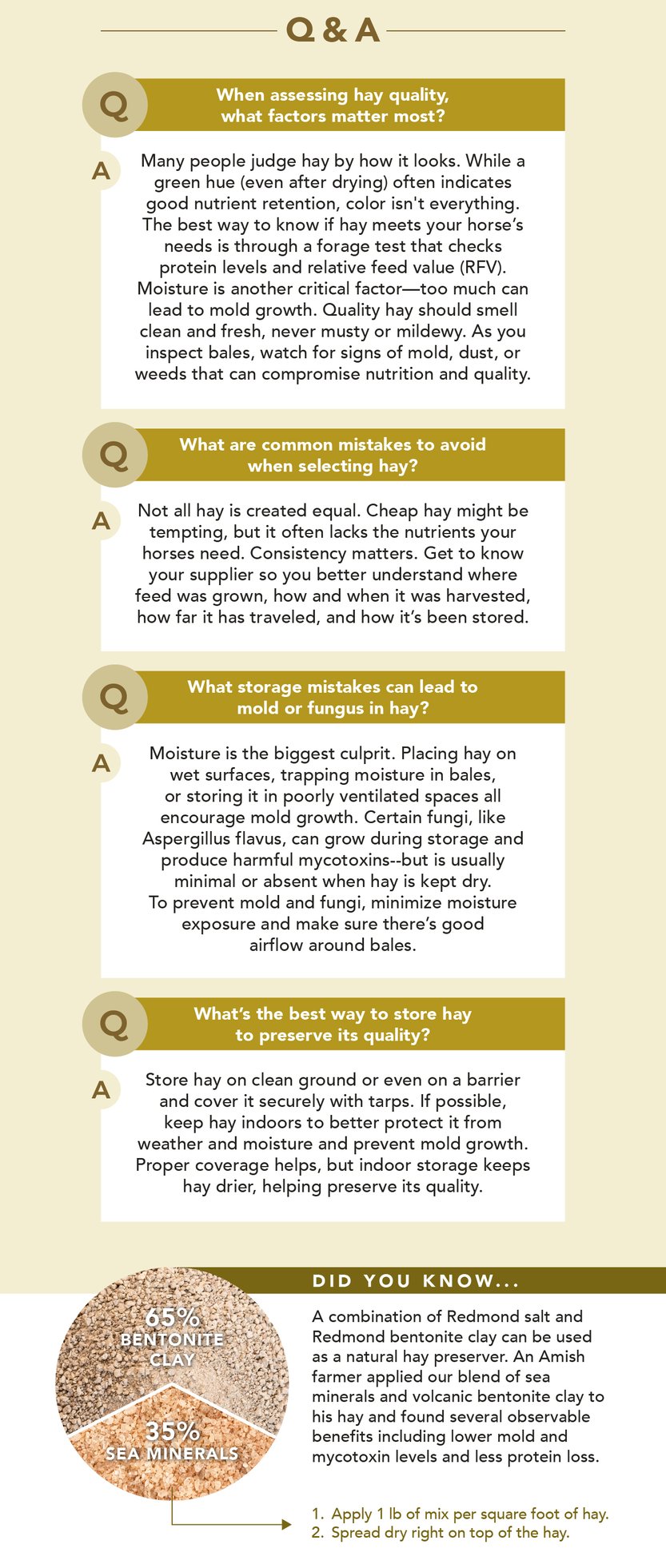 Did You Know? A combination of Redmond salt and Redmond bentonite clay can be used as a natural hay presserver. An Amish farmer applied our blend of sea salt minerals and volcanic bentonite clay to his hay and found several observable benefits, including lower mold and mycotoxin levels and less protein loss.